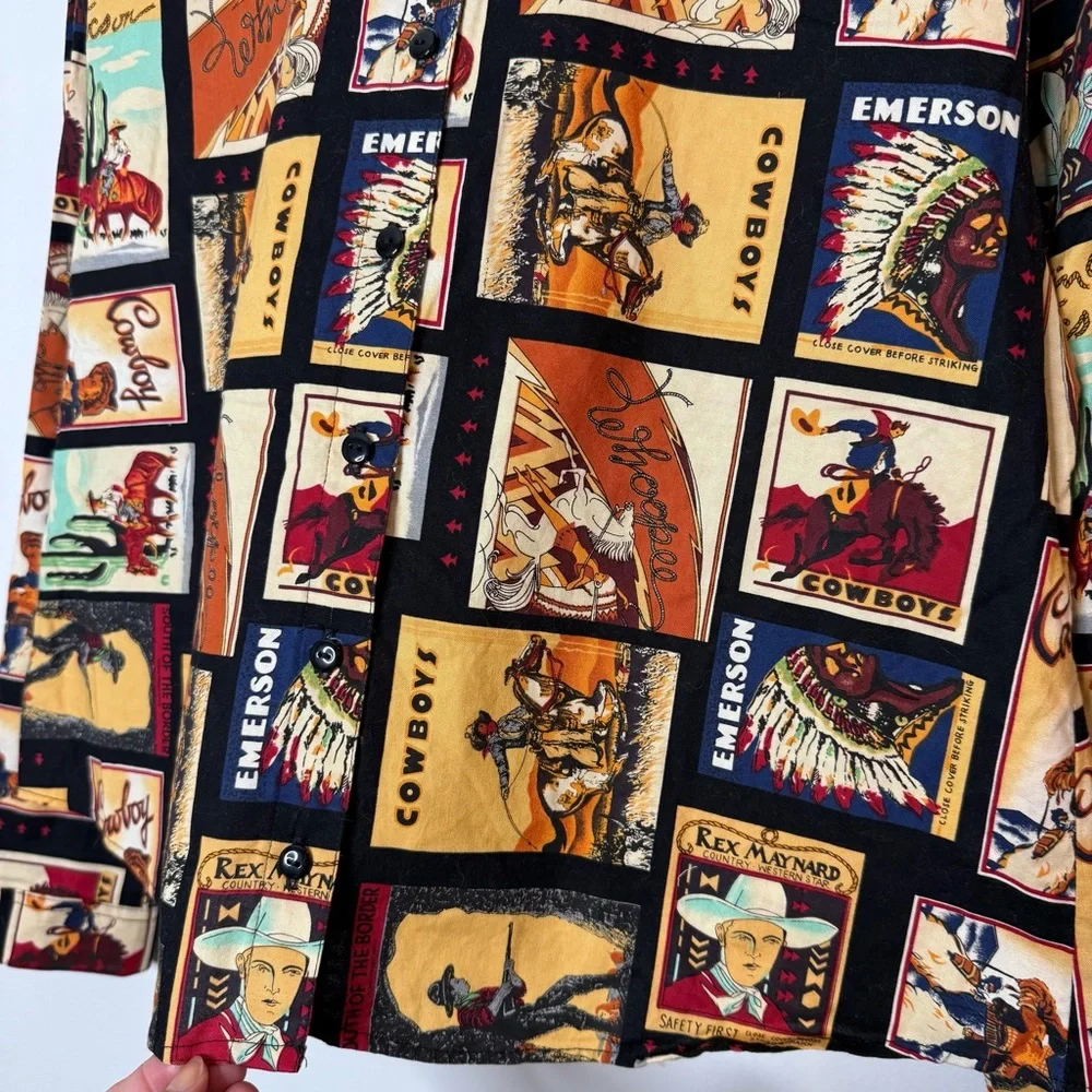 Vintage Made in USA 100% Cotton Cowboy Western Button Down post card print XL - Picture 2 of 7